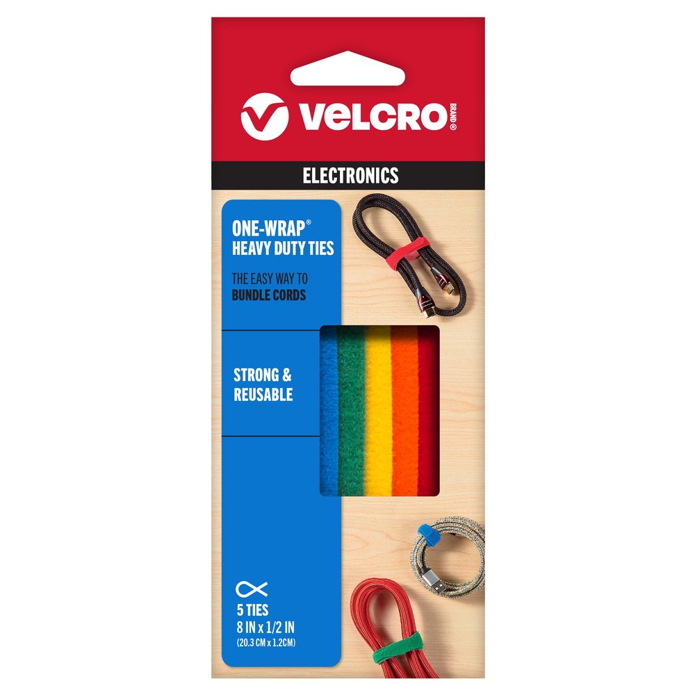VELCRO Brand - ONE-WRAP Cable Management, Self Gripping Cable Ties, Reusable, 8" x 1/2" Ties, 5 Ct. - Multi-color