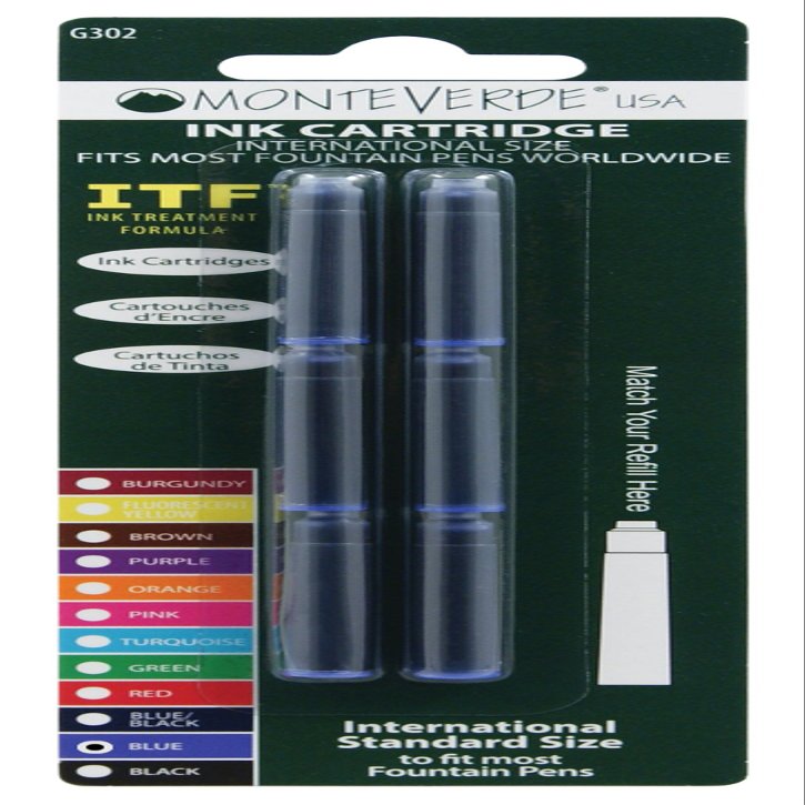 Monteverde Internatinal Size Cartridge to Fit Fountain Pens, Blue, 6 per Pack (G302BU)