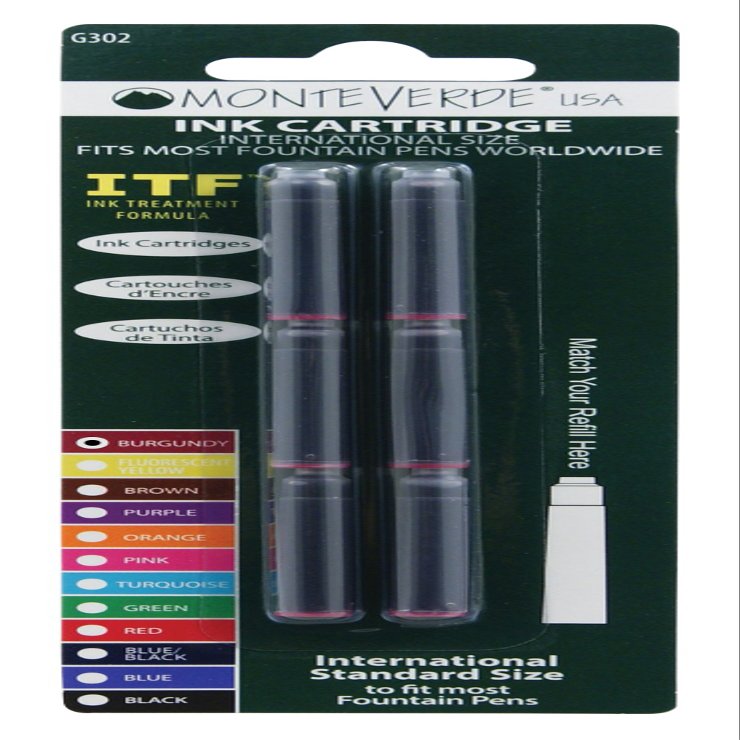 Monteverde Internatinal Size Cartridge to Fit Fountain Pens, Burgandy, 6 per Pack (G302BG)