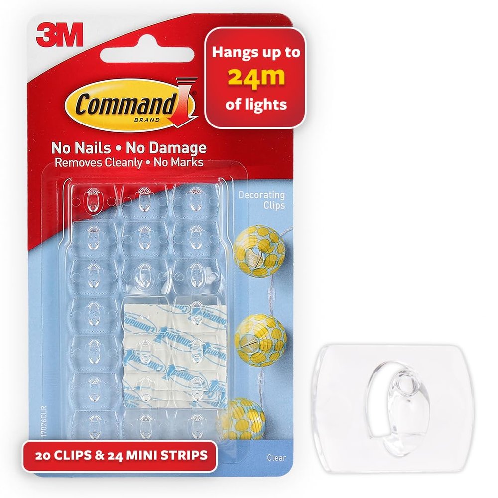 Command Decorating & organizing Pack of 20 clips/hooks and 24 mini strips, Damage Free walls, Clear,Plastic