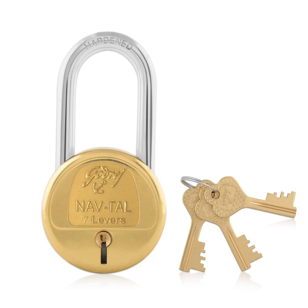 Godrej Padlock | Navtal 7 Lever with 50mm Shut Height | 65mm | Heavy Duty Brass Lock with Hardened Steel Long Shackle | 3 Keys | for Main Doors, Gates, Shutters, Lockers & Warehouses | 1 Yr Warranty