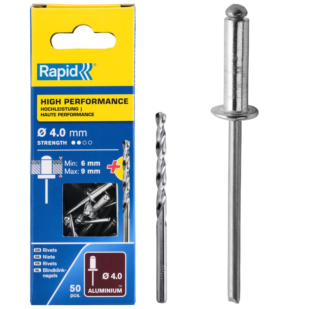 RAPID Rivets High Performance Including Drill Piece, 4 x 12 mm (Box of 50)