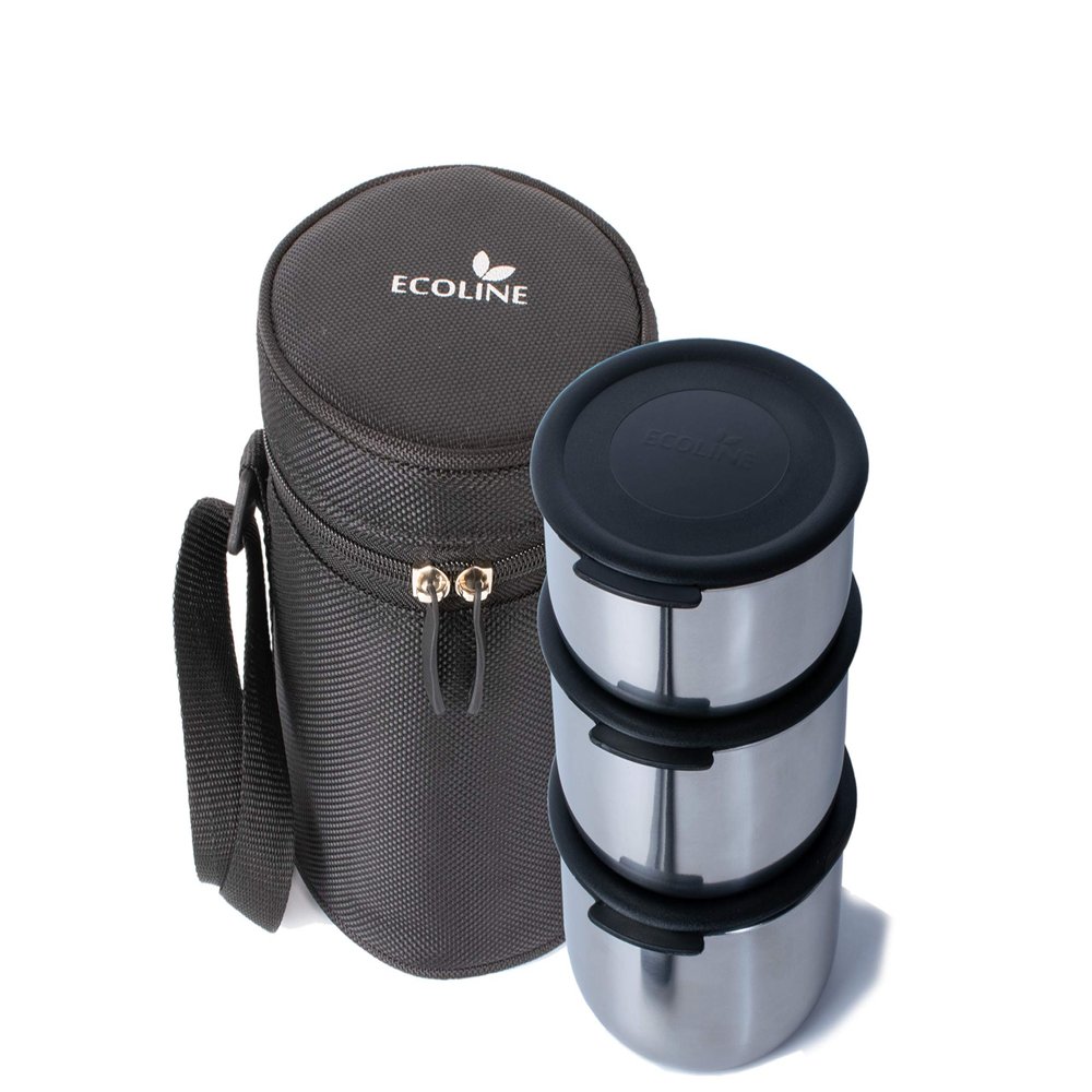Ecoline V3 Stainless Steel Lunch Box Capacity 1100 ml(2 containers 400ml, 1 Container 300ml) Black