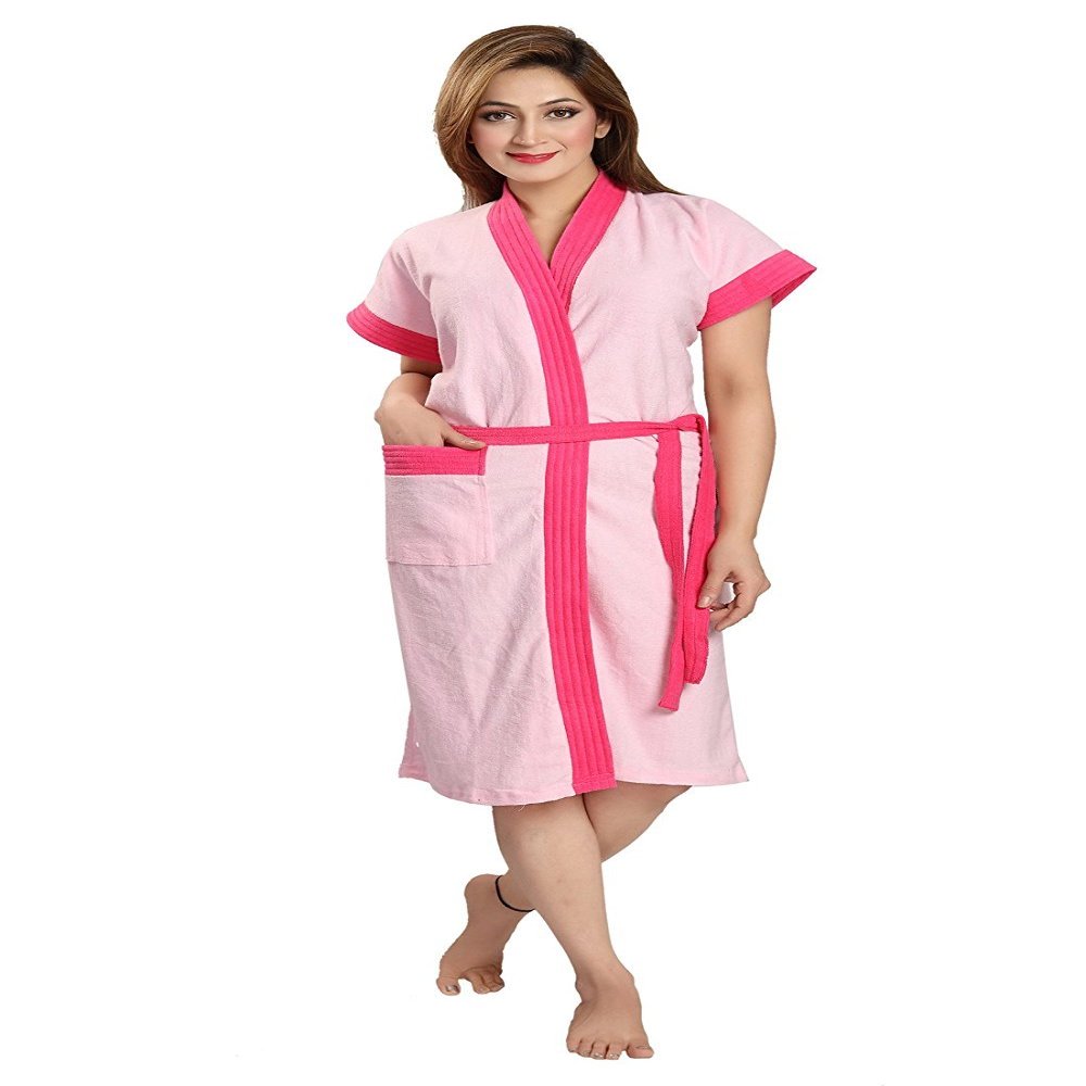 FEELBLUE Premium Micro Terry Double Shaded Half Sleeve Free Size Unisex Adult Bathrobe with Front Pocket (Pink)