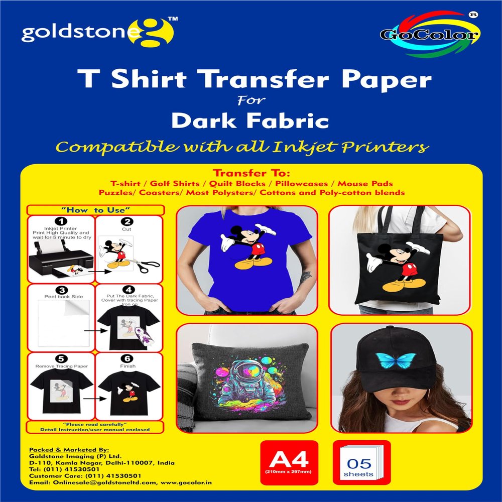 GoColor T Shirt Transfer Dark Fabric Inkjet Paper Iron On A4 x5 Sheet Pack