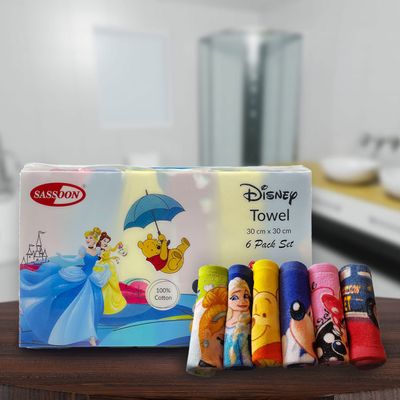 Sassoon Disney Printed Assorted Cotton Kids Face Towel Set of 6 with Gift Box- Multicolor (30cm X 30cm)