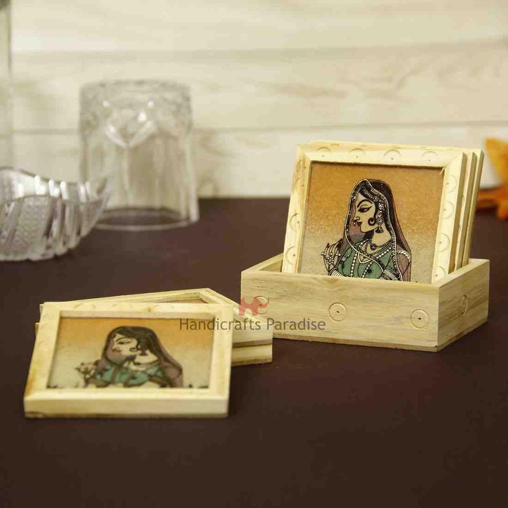 Handicraft Paradise Real Gemstone Pine Wood Bride Design Square Coaster