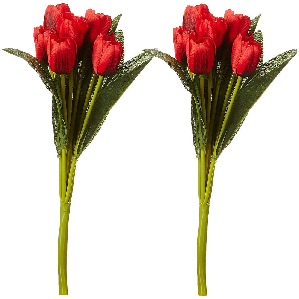 Fourwalls Beautiful Artificial Polyester and Plastic Tulip Flower Bunch (9 Head Flower, 38 cm Total Height, Red, Set of 2)