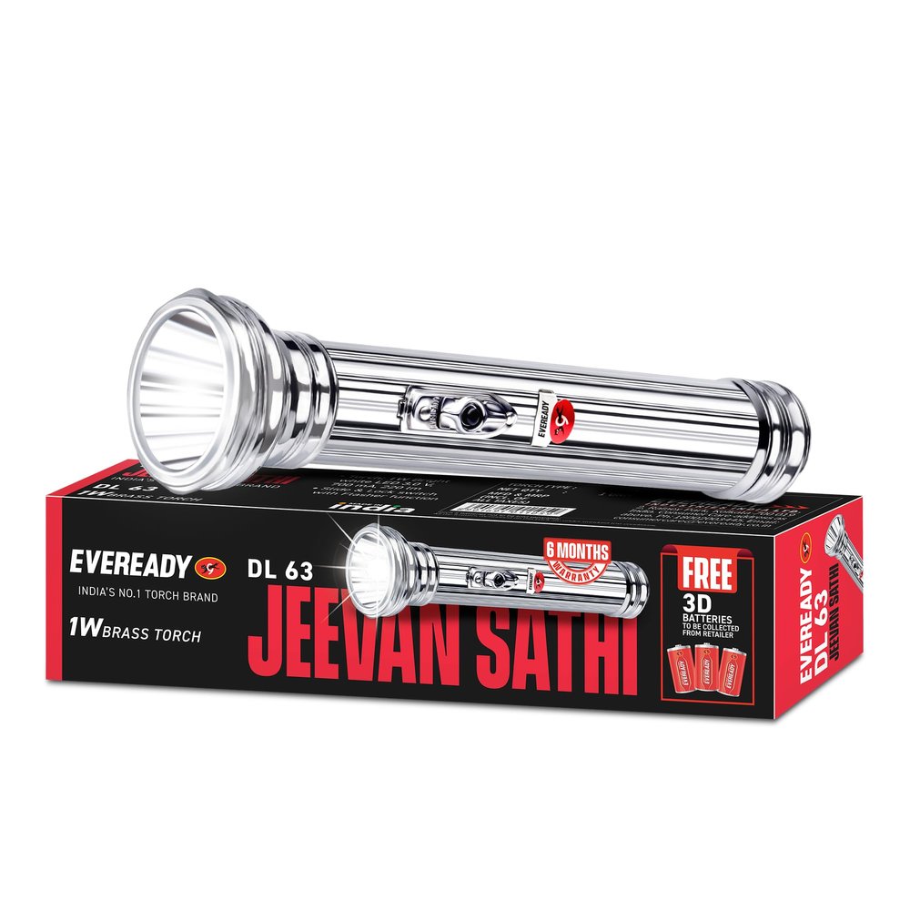 Eveready Jeevansathi DL63, Premium & Durable Brass Body, 1W Retro Emergency Led Torch, 2.5 Km Intense White Light, Free 3 D Batteries Packed Inside
