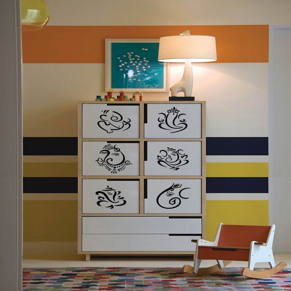 WallDesign Mini Ganesha Set of 6 Bike Sticker Wall Sticker for Living Room Black Colour (Small) - 3 inch Height by 3 inch Width