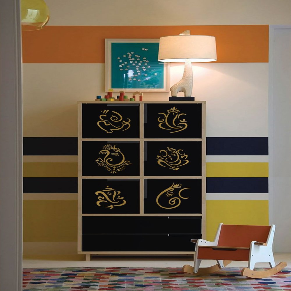 WallDesign Mini Ganesha Set of 6 Bike Sticker Wall Sticker for Living Room Gold Colour (Small) - 3 inch Height by 3 inch Width