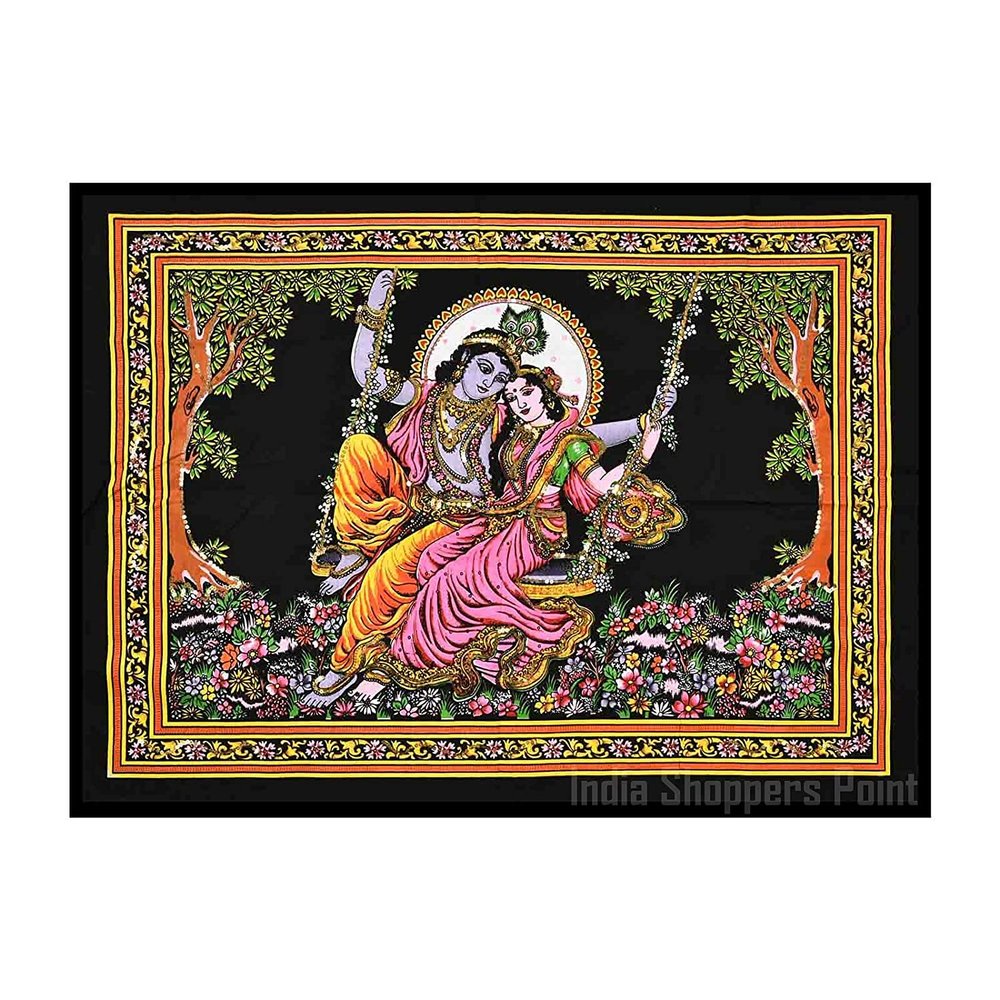 Lord Krishna & Radha Sequin Cotton Wall Hanging 44x30 Inches Multi Color (Large)