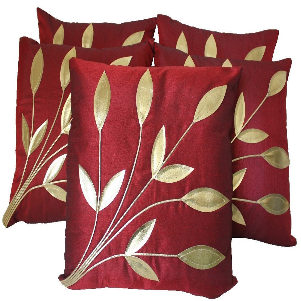 Hargunz Leaf Design Cushion Covers (Maroon, 16x16-Inch) -Set of 5