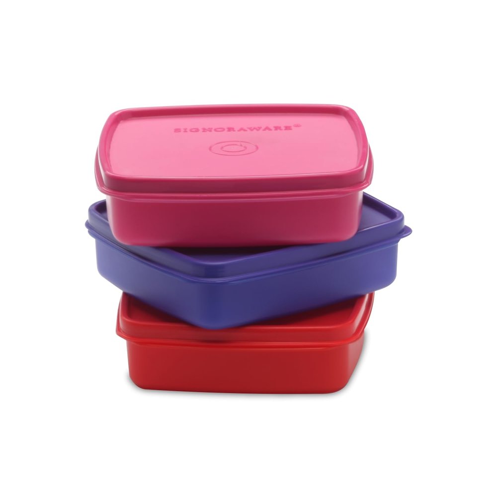 SignoraWare Smart N Slim BPA Free Plastic Lunch Box | Airtight & Leakproof | Microwave & Dishwasher Safe | Freezer Safe | Great for Kids, School, Workplace, Picnic Use (350ml x 3 | Multicolour)