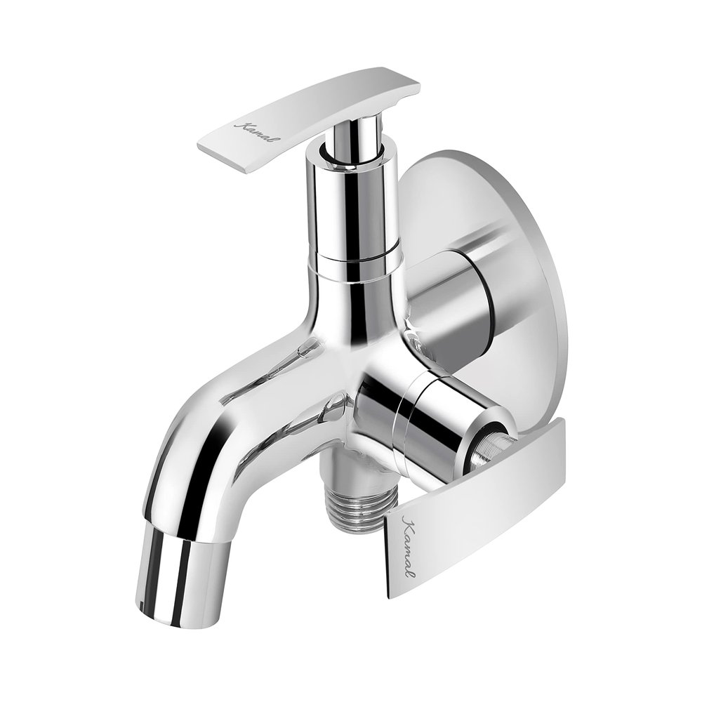 KAMAL Full Brass Two in One Bib Cock with Wall Flange - Vista | Wall Mount Installation | Chrome Finish | Elegant Finish, Anti-Corrosive - Silver (Pack of 1)