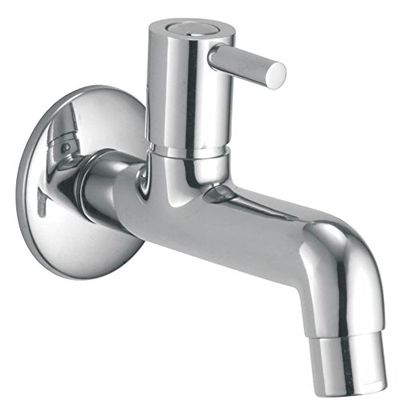 Kamal Full Brass Long Body Bib Cock Tab with Wall Flange - Nova | Wall Mounted | Chrome Finish | Non-Corrosive - Silver