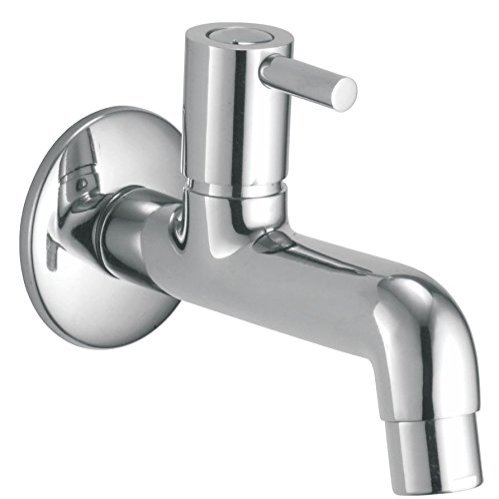 Kamal Full Brass Long Body Bib Cock Tab with Wall Flange - Nova | Wall Mounted | Chrome Finish | Non-Corrosive - Silver
