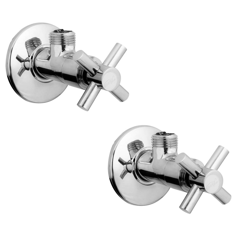Kamal Full Brass Angle Cock with Wall Flange - Cross | Wall Mounting | Chrome Finish | Elegant Finish, Anti-Corrosive - Silver (Pack of 2)