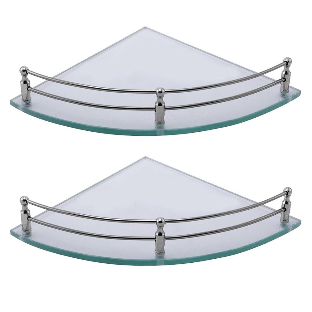 Klaxon Premium Bathroom Corner Shelf/Transparent Glass Corner Shelf for Bathroom and Living Room/Corner Glass Shelf (9x9 Inches) (Pack of 2)