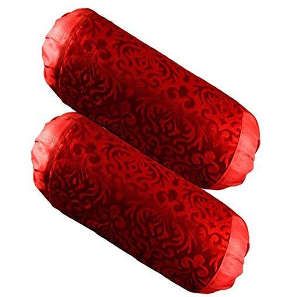Belive-Me Velvet Embos Standard Size Maslan Cover for Diwan Long Pillow Bolster Covers (Set of 2 Pieces, Red)