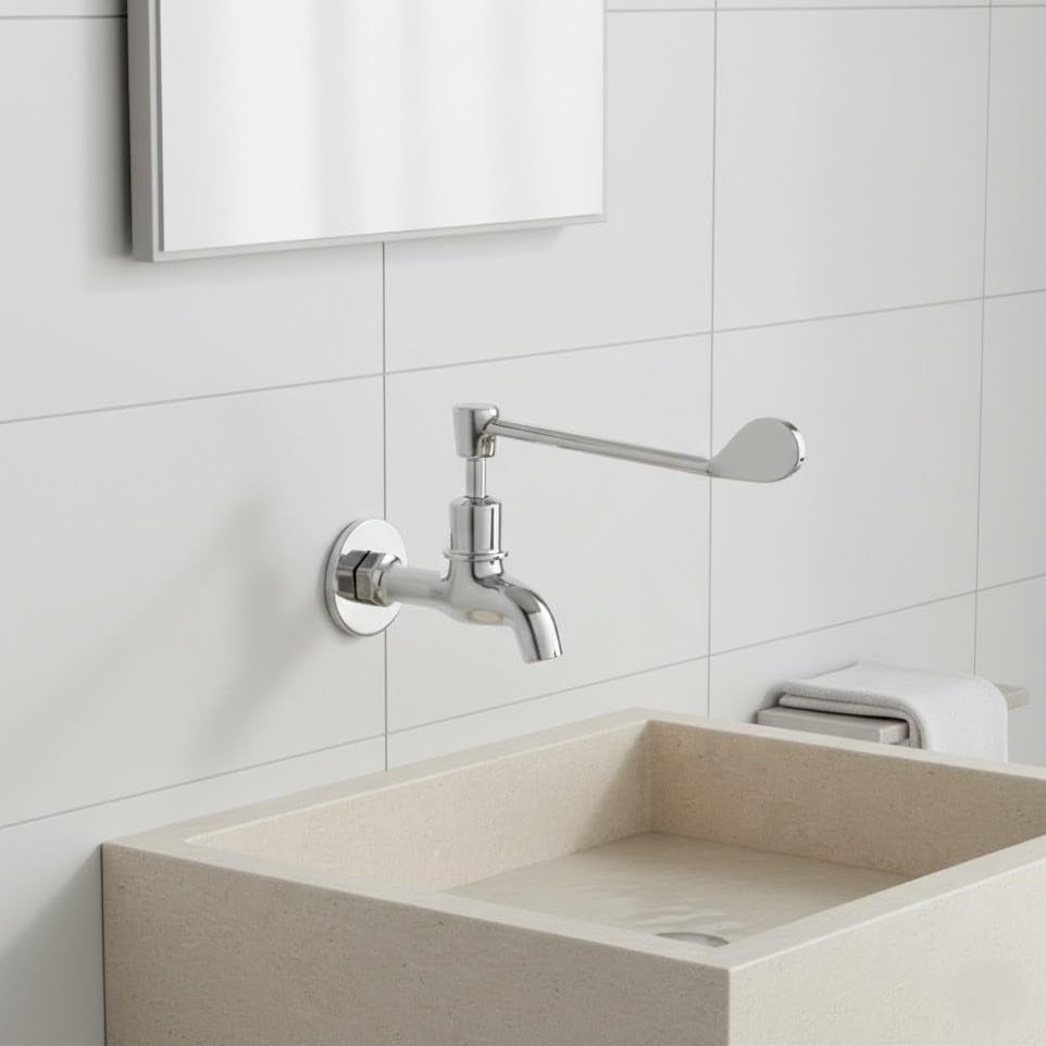 KAMAL Full Brass Eco Elbow Action Bib Cock Tap | Wall Mount Faucet with Wall Flange | Chrome Finish | Durable & Rust Resistant | Silver (Pack of 1)