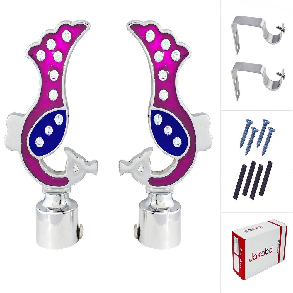 JAKABA Pink, Blue Stainless Steel and Alloy Curtain Finials with Heavy Supports - Pack of 4 Pcs. (Finials : 2 Pcs + Supports : 2 Pcs) : Curtain Brackets/Holders for Window/Door - JKB5551PK