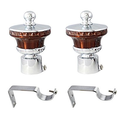 JAKABA Antique Copper Stainless Steel and Alloy Curtain Finials with Supports - Pack of 4 Pcs. (Finials : 2 Pcs + Supports : 2 Pcs)