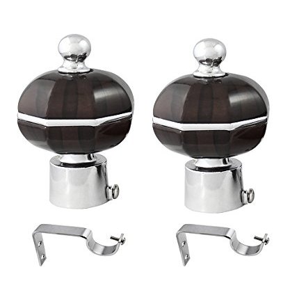 JAKABA Walnut Stainless Steel and Alloy Curtain Finials with Supports - Pack of 4 Pcs. (Finials : 2 Pcs + Supports : 2 Pcs)