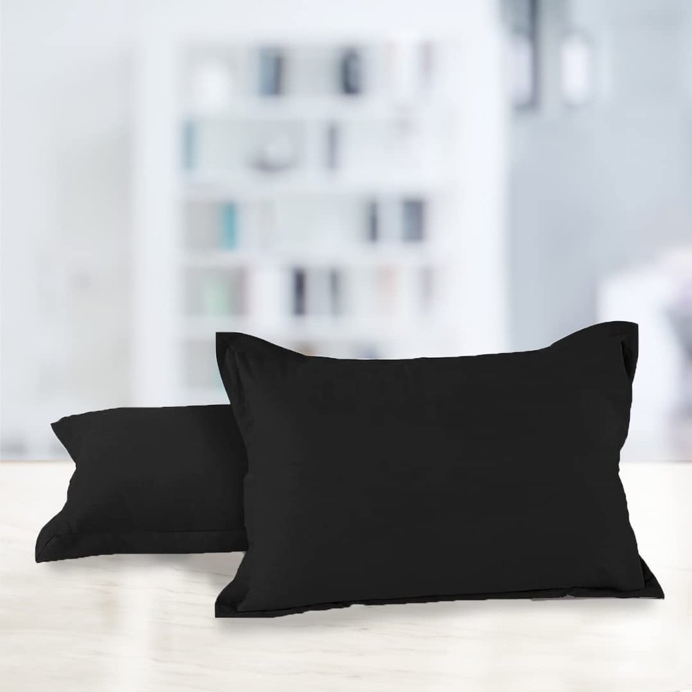 AURAVE Solid Cotton 220 TC Pillow Covers Standard Size | Soft, Breathable & Durable | Luxury Hotel Quality with Envelope Closure - 18 X 27 Inches, Black, 2 Piece