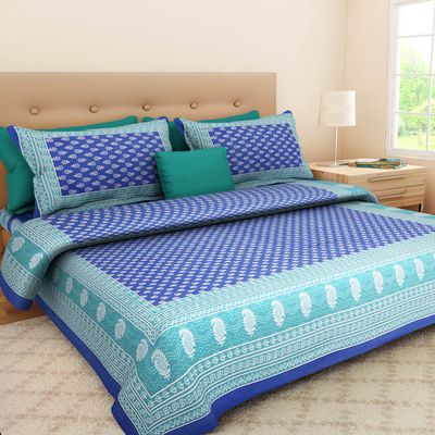 UniqChoice Jaipuri Floral Printed 120 TC Cotton Double Bedsheet with 2 Pillow Cover | for Double Bed | Jaipuri Design| 100% Cotton, Blue
