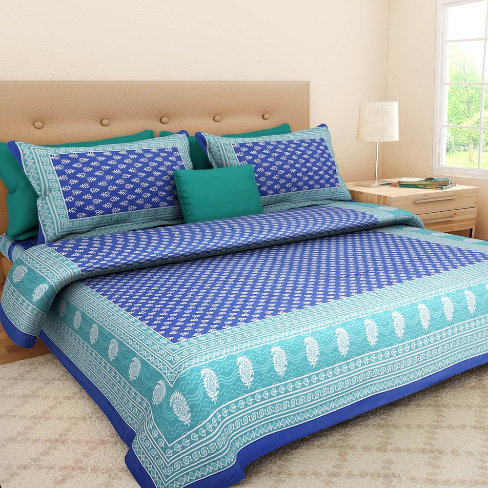 UniqChoice Jaipuri Floral Printed 120 TC Cotton Double Bedsheet with 2 Pillow Cover | for Double Bed | Jaipuri Design| 100% Cotton, Blue