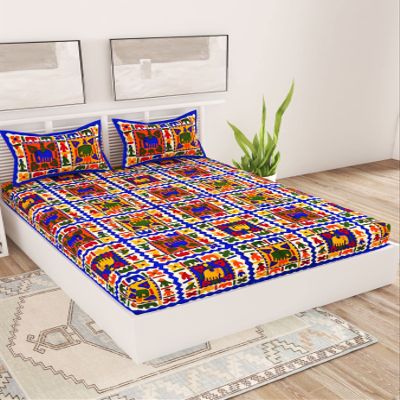 UniqChoice Blue Color Rajasthani Traditional Printed 120 TC 100% Cotton Double Bedsheet with 2 Pillow Cover,MUCD_148