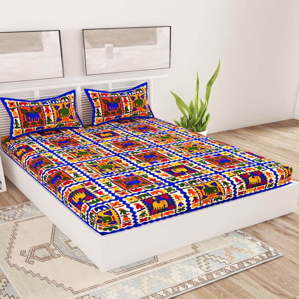 UniqChoice Blue Color Rajasthani Traditional Printed 120 TC 100% Cotton Double Bedsheet with 2 Pillow Cover,MUCD_148