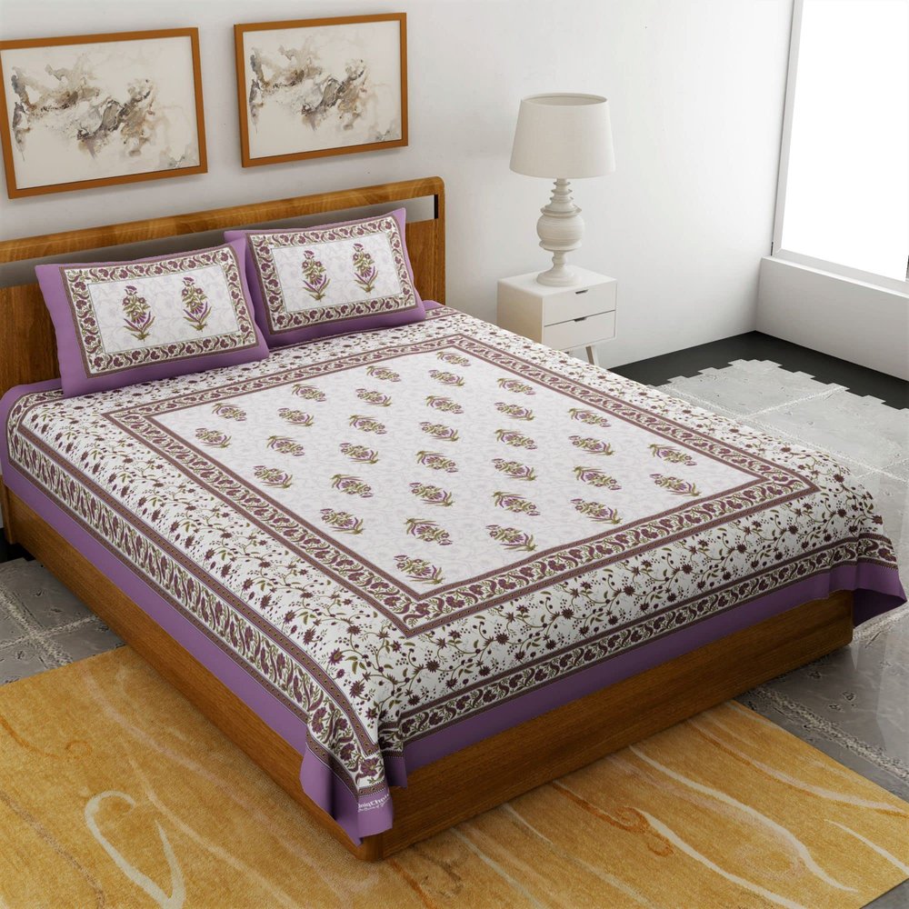 UniqChoice Rajasthani Traditional Printed| 120 TC |100% Cotton| Double Bedsheet| Bedsheet with 2 Pillow Cover| Purple
