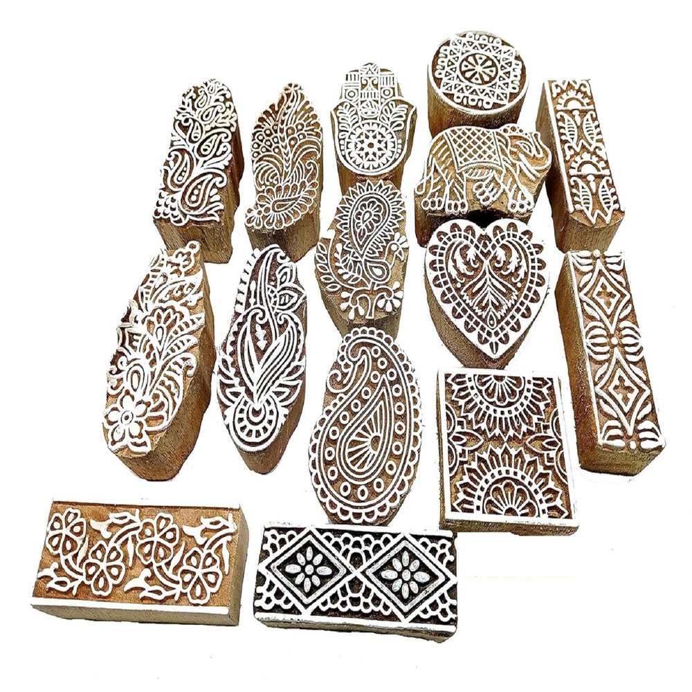 VARDHMAN Wooden Hand Carved Printing Stamp Block for Canvas & Textile Printing, Pottery Craft, Tattoo, Saree Border 10 pcs -Assorted (Flower & Border Designs)