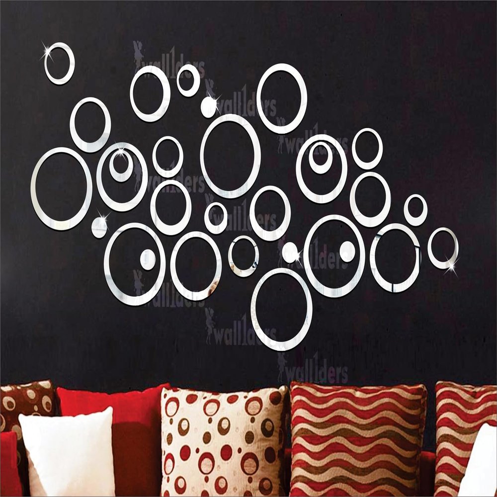 Wall1ders Circle, Mirror Stickers for Wall, Acrylic Mirror Wall Decor Sticker, Wall Mirror Stickers, Acrylic Stickers, Wall Stickers for Hall Room, Bed Room, Kitchen. (Silver) 30 Ring