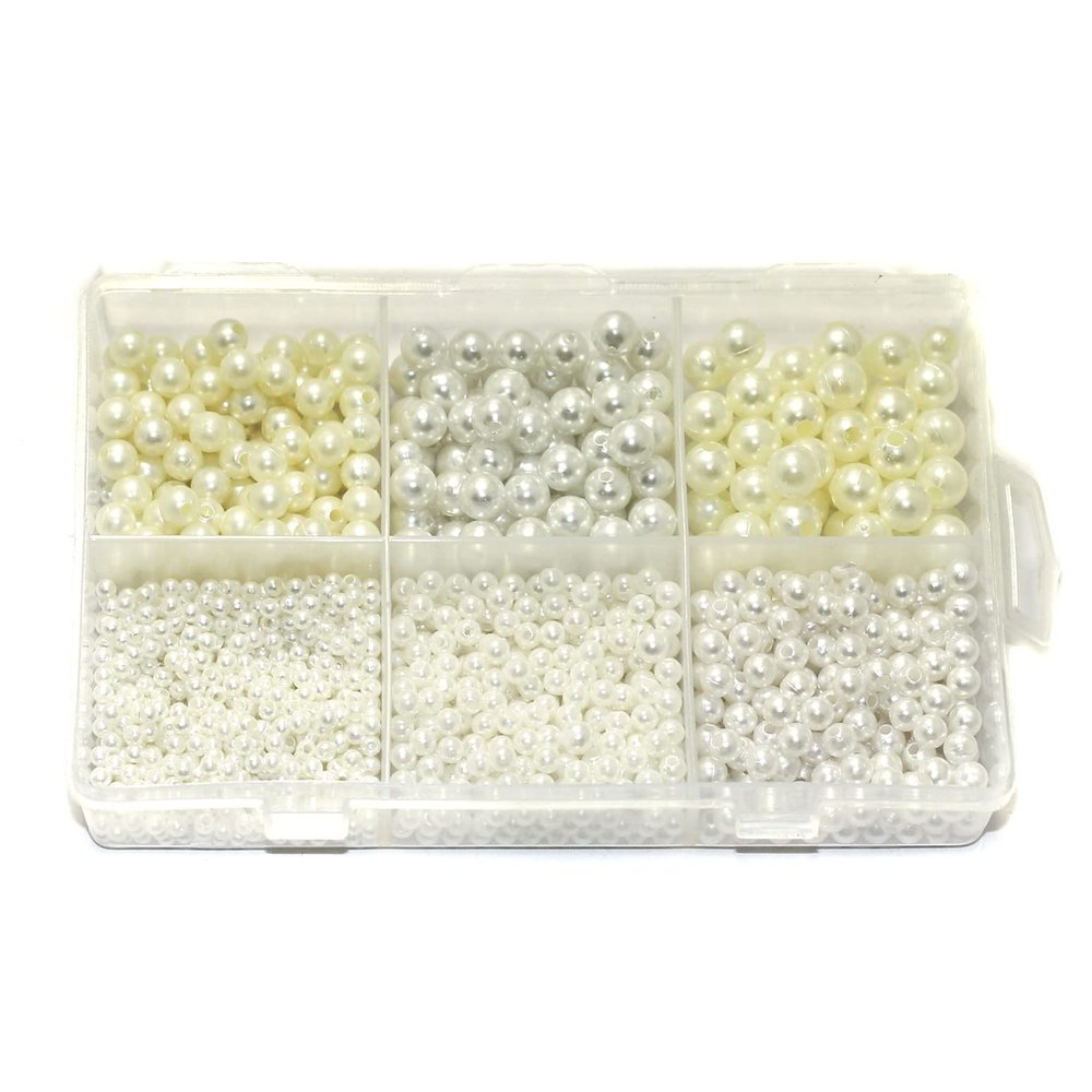 BeadsnFashion 6 Sizes Acrylic Pearl Beads Set - White & Off-White DIY Kit for Jewellery Making, Beading, Arts & Crafts, and Creative Projects