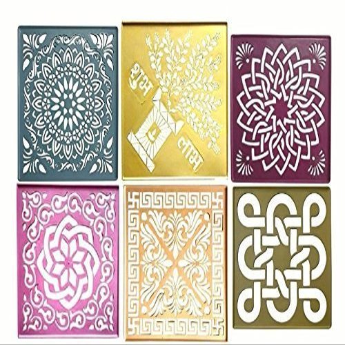PRANSUNITA Ready to Draw Rangoli Making Plastic Stencils for Diwali, Pongal, Weddings Decorations Size 12" X 12" inch Square Pack of 6 pcs - Heavy Duty Reusable Traditional Stencils