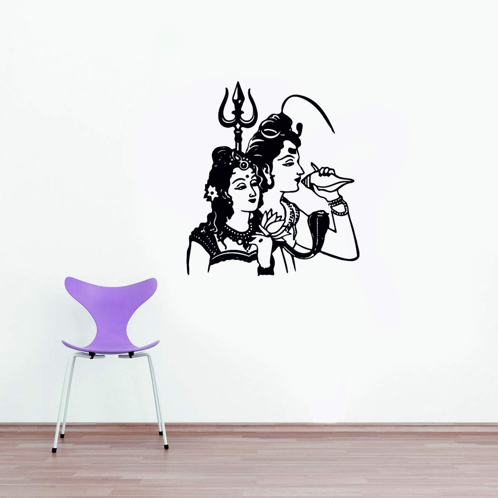 Decor Villa PVC Vinyl Shiv Parvati Decorative Big Size Wall Sticker Decal for Wall Pooja Room Living Room, Size: 58 CM x 63 CM, Black, Pack of 1