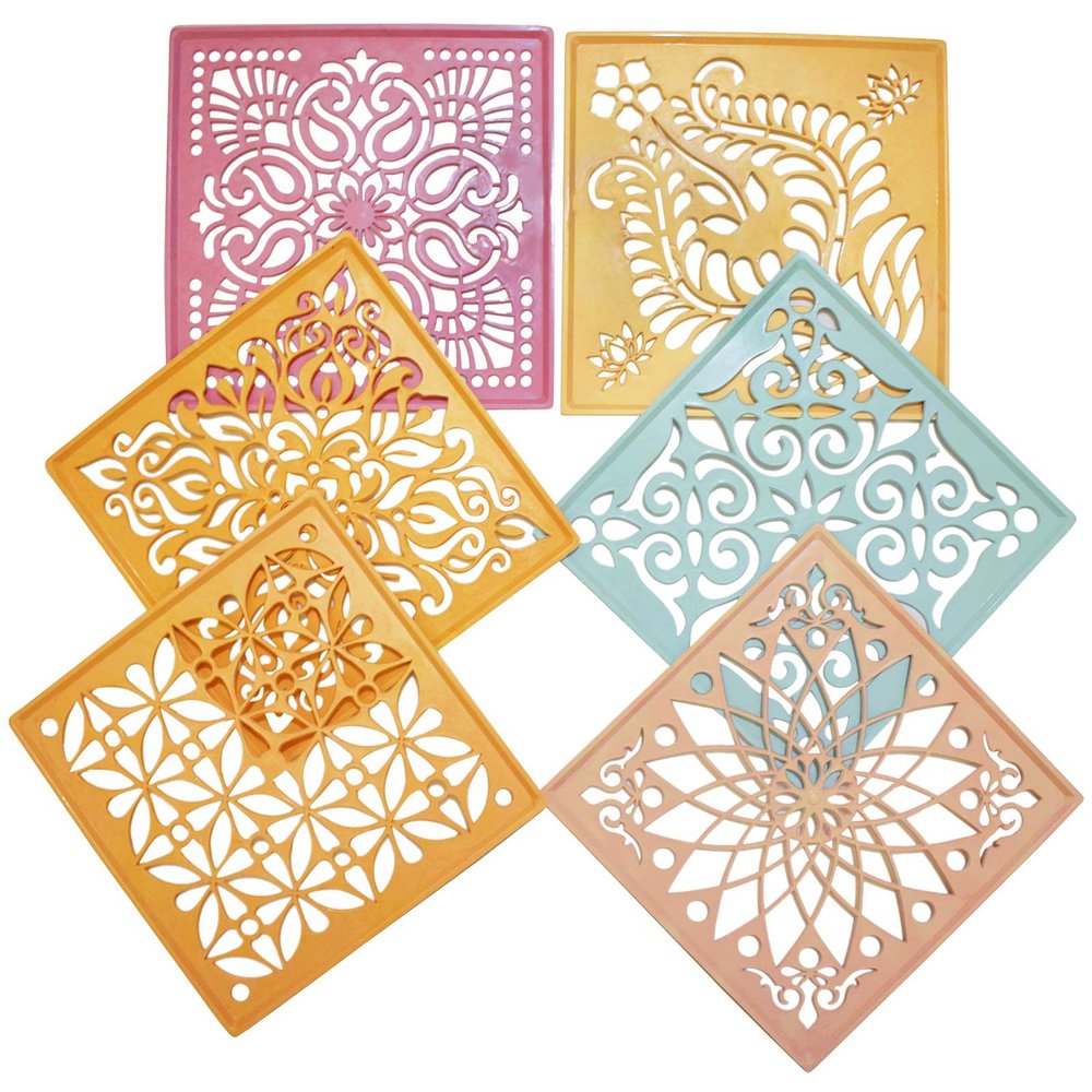 PRANSUNITA Ready to Draw Rangoli Making Plastic Stencils for Diwali, Pongal, Weddings Decorations Size 8 x 8 inch (Square) Pack of 6 pcs - Heavy Duty Reusable Traditional Stencils