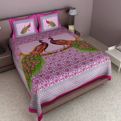 JR Print Oxy Peacock Print King Size Bedsheet 100% Cotton Pink
