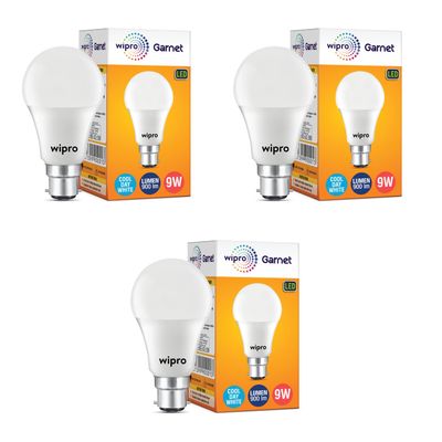 Wipro Garnet 9W LED Bulb for Home & Office |Cool Day White (6500K) | B22 Base|220 degree Light coverage |4Kv Surge Protection |400V High Voltage Protection |Energy Efficient | Pack of 3