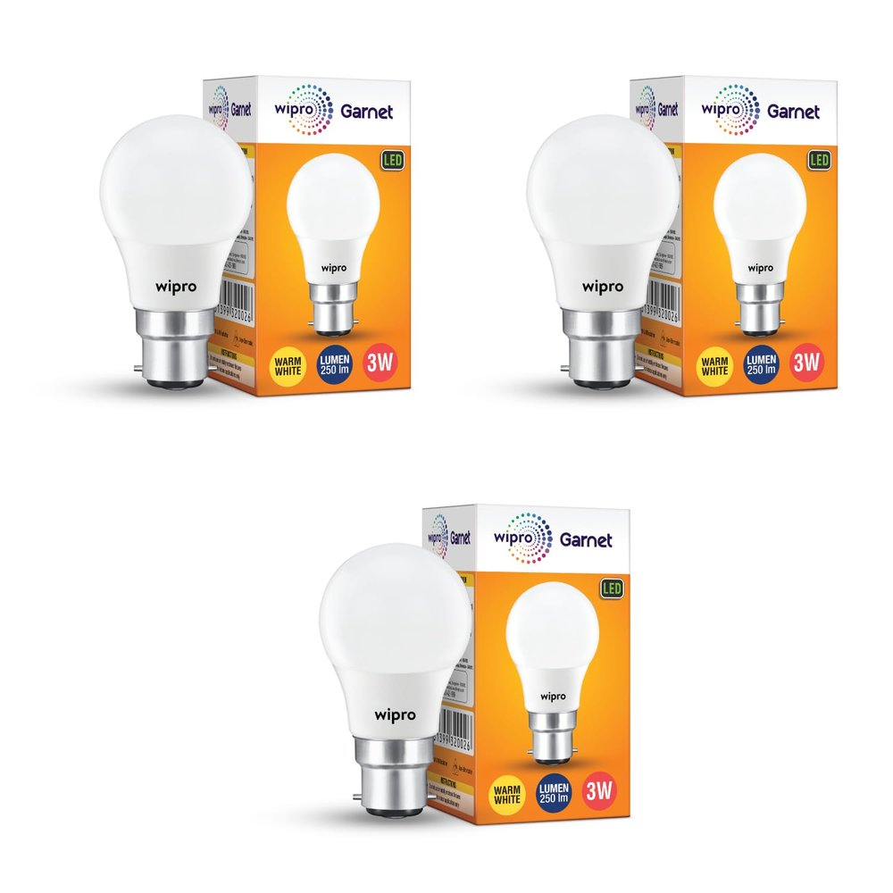 wipro Garnet 3W LED Bulb for Home & Office |Warm White (2700K) | B22 Base|220 Degree Light Coverage |4Kv Surge Protection |400V High Voltage Protection |Energy Efficient | Pack of 3