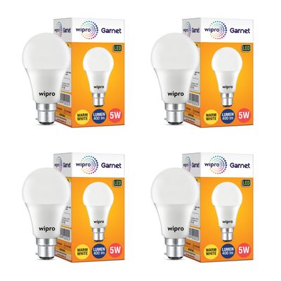 Wipro Garnet 5W LED Bulb for Home & Office |Warm White (2700K) | B22 Base|220 degree Light coverage |4Kv Surge Protection |400V High Voltage Protection |Energy Efficient | Pack of 4