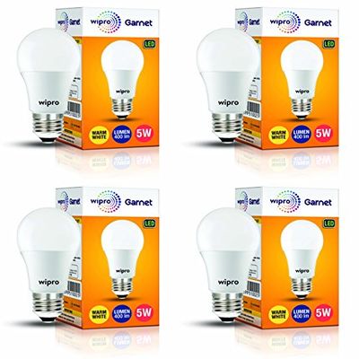 wipro Garnet 5W LED Bulb for Home & Office |Warm White (2700K) | E27 Base|220 Degree Light Coverage |4Kv Surge Protection |400V High Voltage Protection |Energy Efficient | Pack of 4