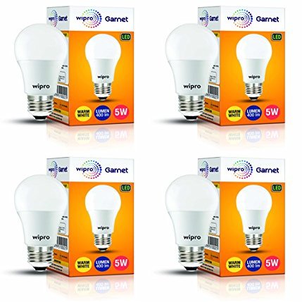 wipro Garnet 5W LED Bulb for Home & Office |Warm White (2700K) | E27 Base|220 Degree Light Coverage |4Kv Surge Protection |400V High Voltage Protection |Energy Efficient | Pack of 4