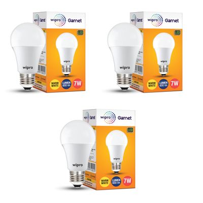 wipro Garnet 7W LED Bulb for Home & Office |Warm White (2700K) | E27 Base|220 Degree Light Coverage |4Kv Surge Protection |400V High Voltage Protection |Energy Efficient | Pack of 3