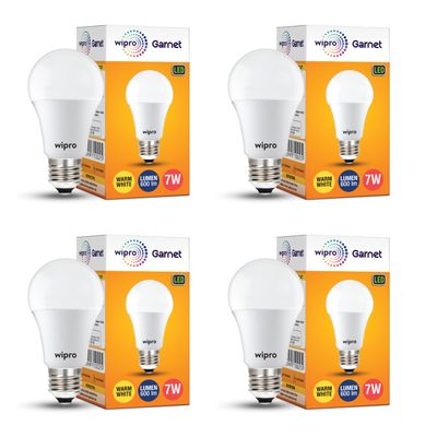 wipro Garnet 7W LED Bulb for Home & Office |Warm White (2700K) | E27 Base|220 Degree Light Coverage |4Kv Surge Protection |400V High Voltage Protection |Energy Efficient | Pack of 4