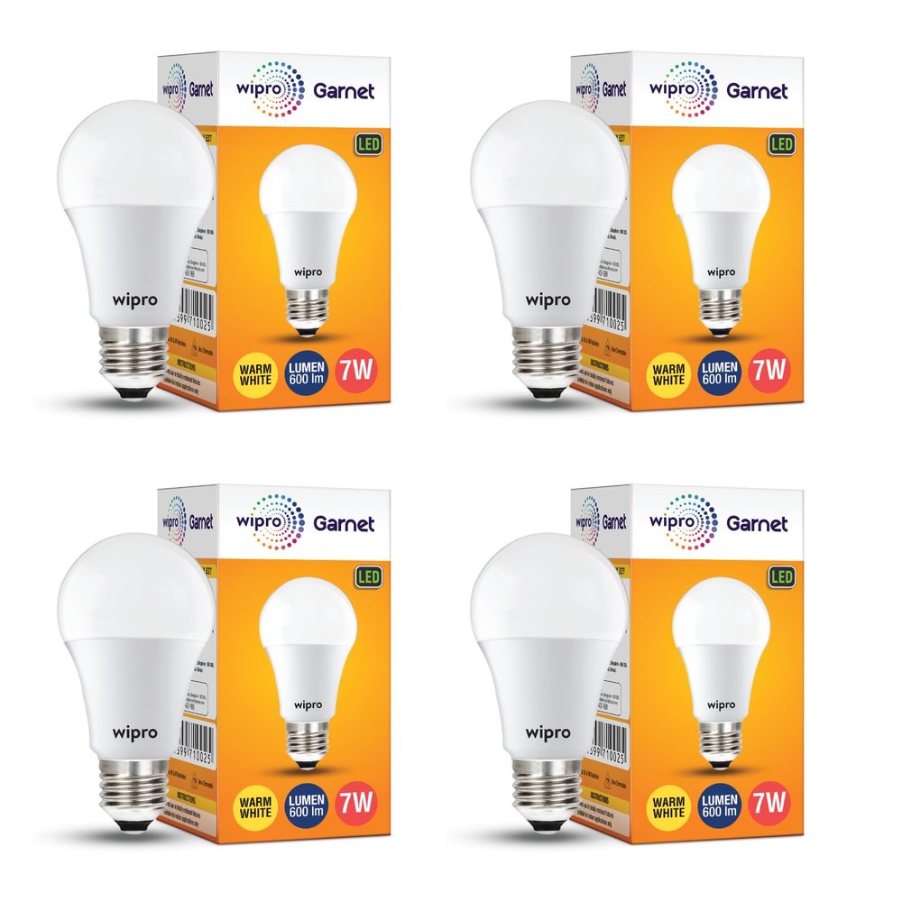 wipro Garnet 7W LED Bulb for Home & Office |Warm White (2700K) | E27 Base|220 Degree Light Coverage |4Kv Surge Protection |400V High Voltage Protection |Energy Efficient | Pack of 4