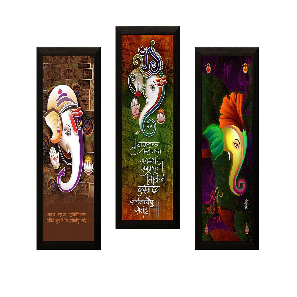 SAF paintings Set of 3 Ganesha UV Coated Home Decorative Gift Item Framed Painting 17 inch X 24 inch SANF1000015